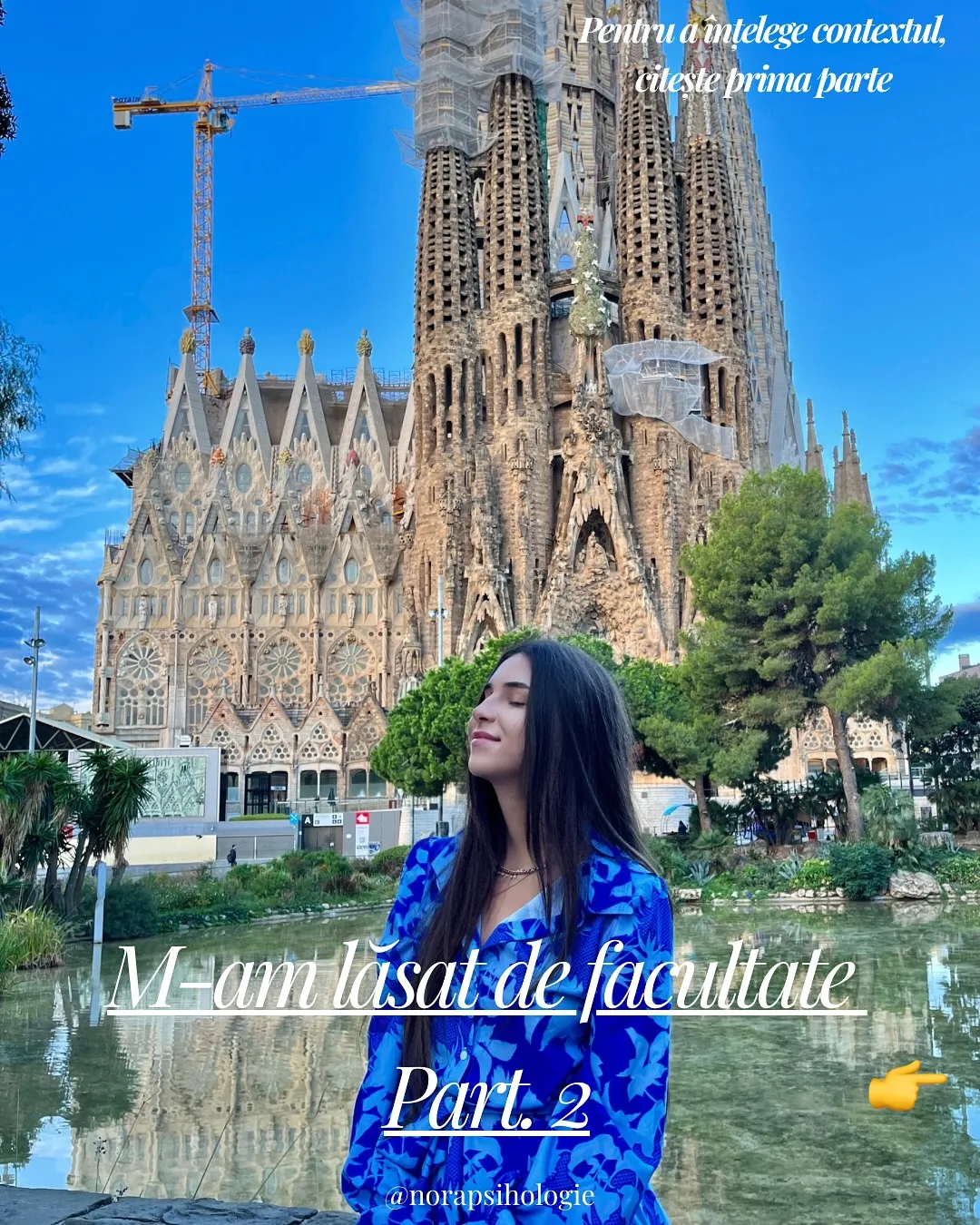 Nora în fața Sagradei Familia și o fotografie din prima zi de școală, cu textul postării scris peste