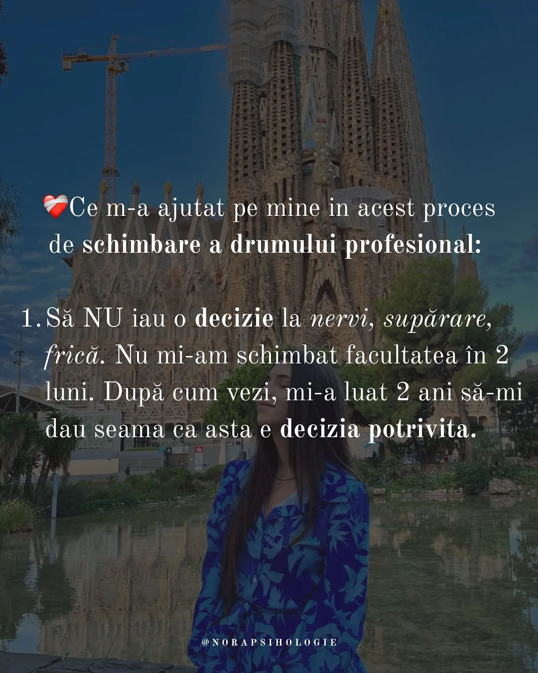 Nora în fața Sagradei Familia și o fotografie din prima zi de școală, cu textul postării scris peste