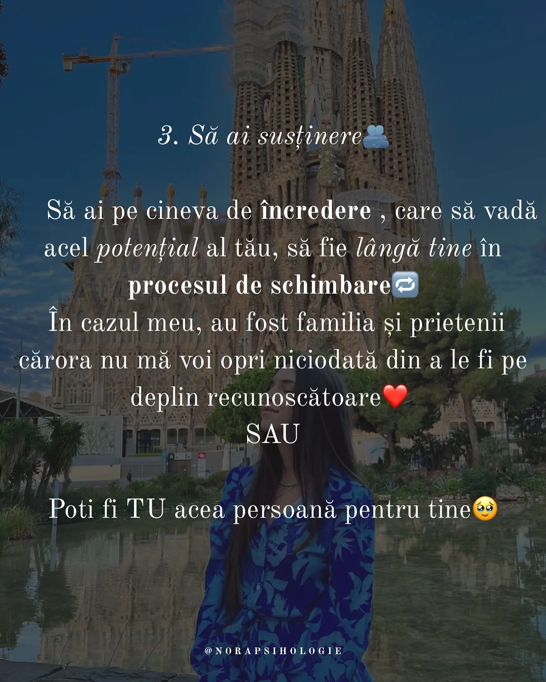 Nora în fața Sagradei Familia și o fotografie din prima zi de școală, cu textul postării scris peste
