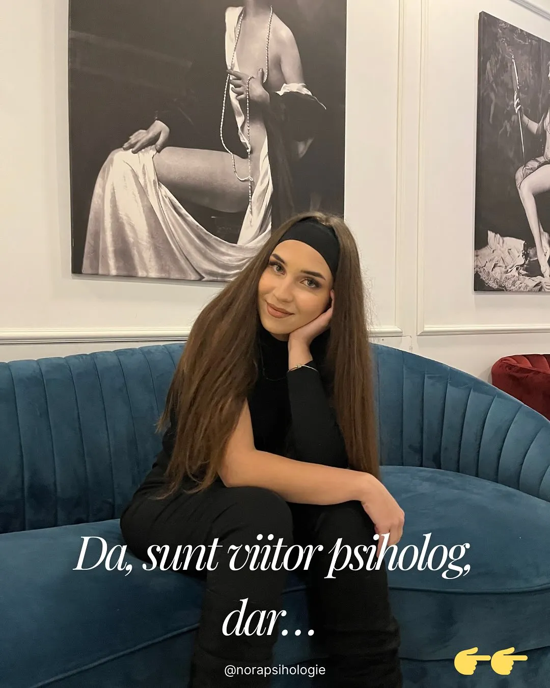 Fotografii cu Nora în diferite contexte, cu text despre stereotipurile legate de meseria de psiholog