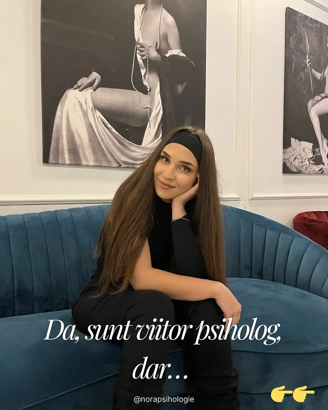 Fotografii cu Nora în diferite contexte, cu text despre stereotipurile legate de meseria de psiholog