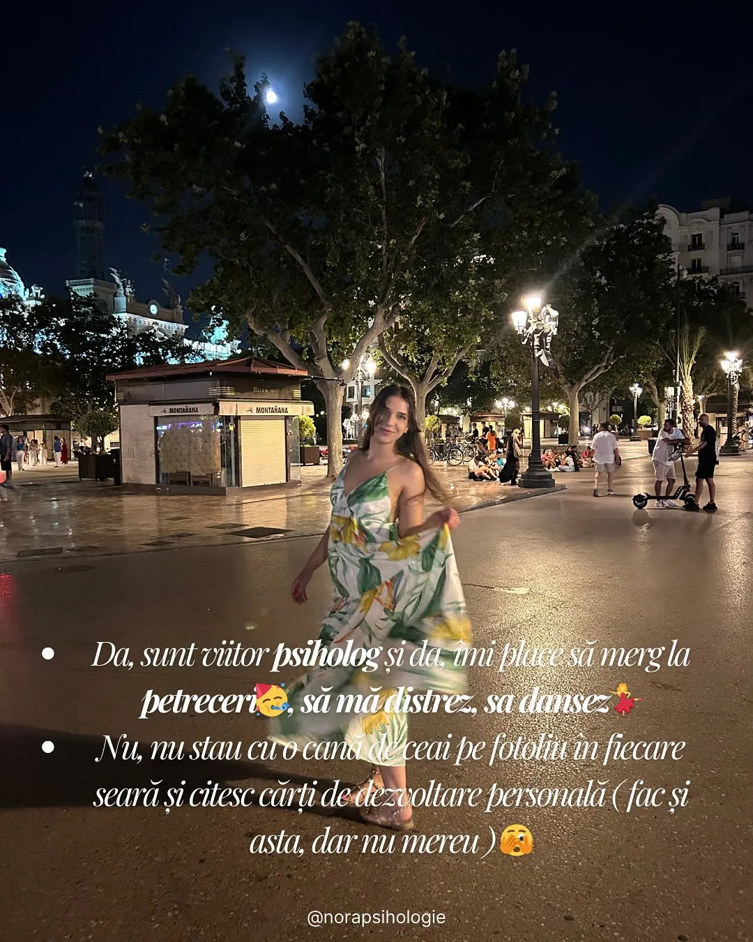 Fotografii cu Nora în diferite contexte, cu text despre stereotipurile legate de meseria de psiholog