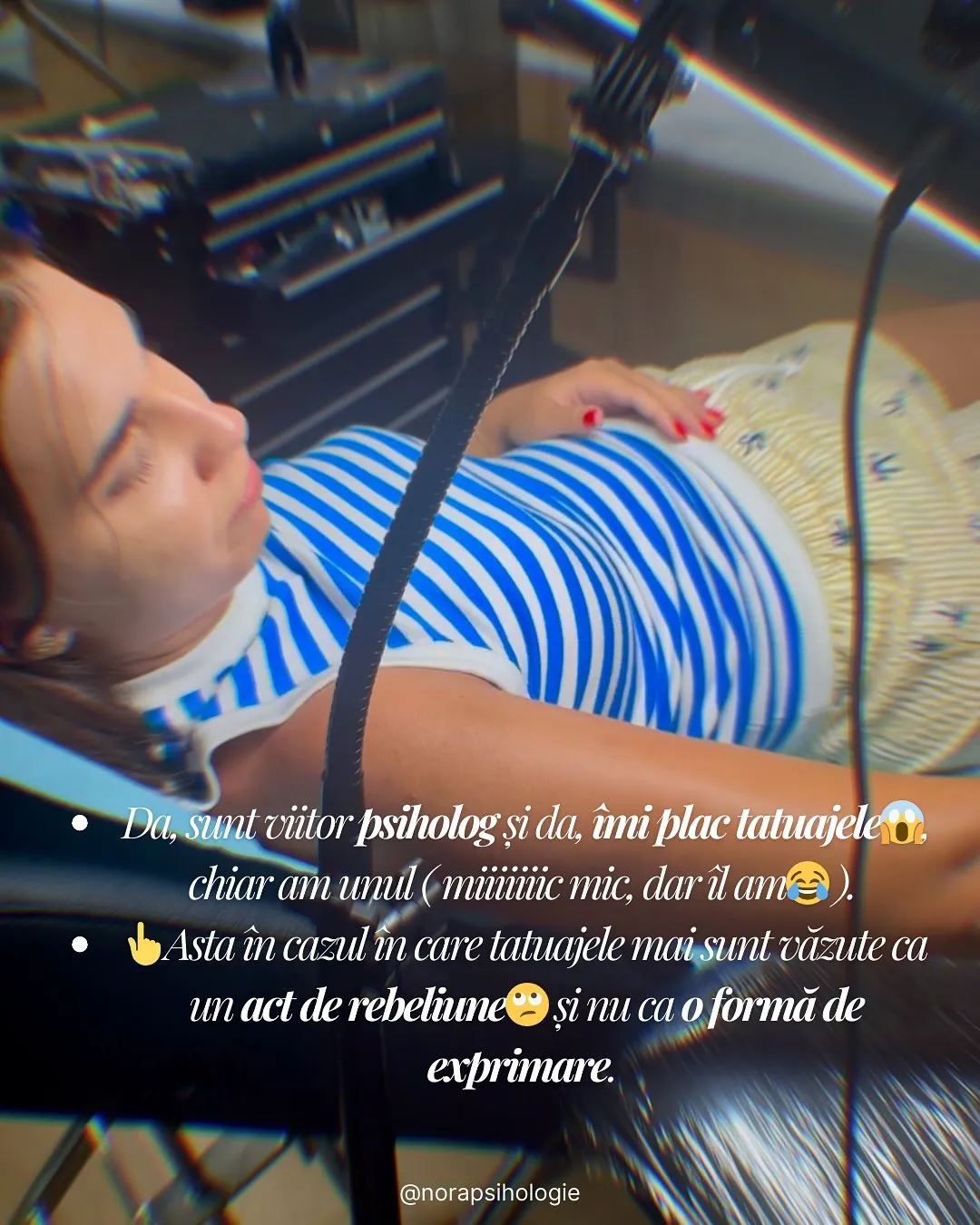 Fotografii cu Nora în diferite contexte, cu text despre stereotipurile legate de meseria de psiholog
