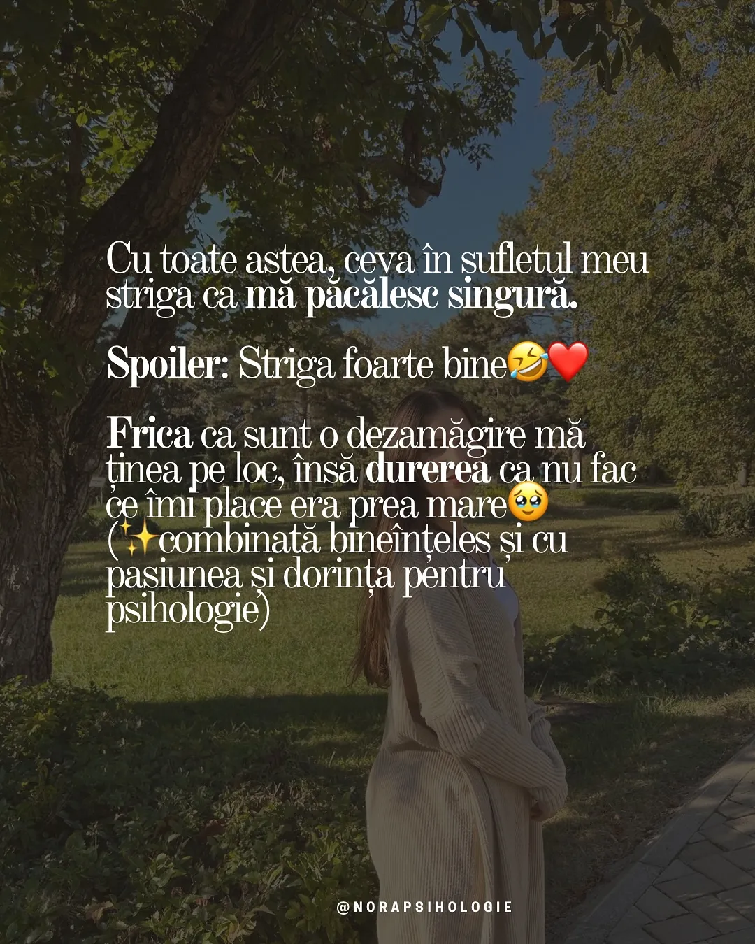 Nora într-un parc, într-o zi însorită de toamnă, cu textul postării scris peste fotografii