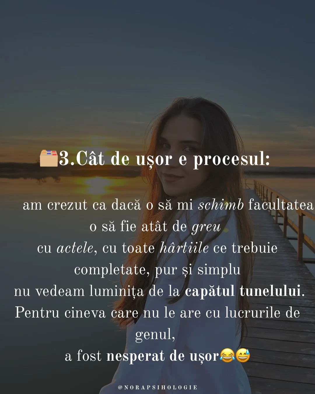 Nora pe un ponton, la apus, cu textul postării scris peste fotografii
