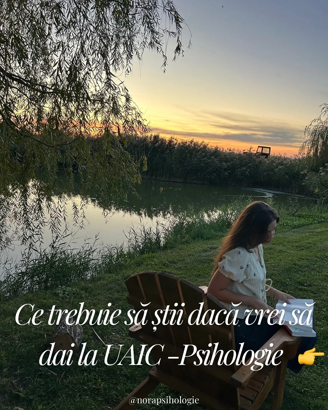 Nora citind pe un scaun de lemn lângă un lac, la apus, cu textul postării scris peste fotografii