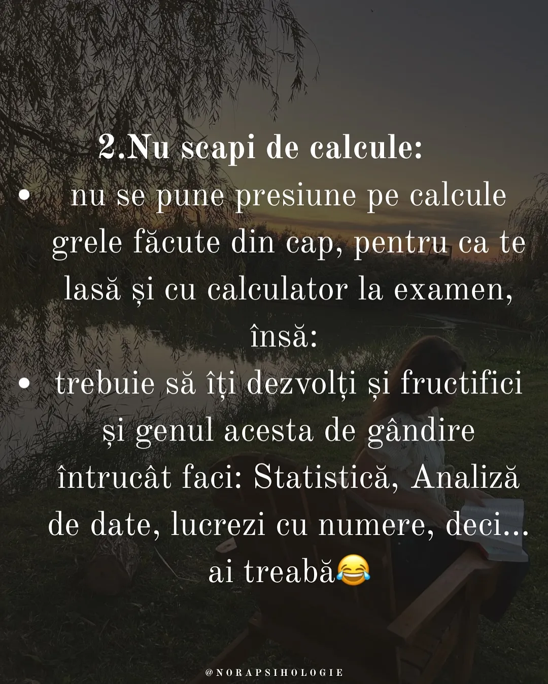 Nora citind pe un scaun de lemn lângă un lac, la apus, cu textul postării scris peste fotografii