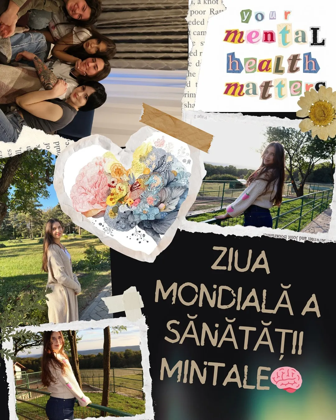 Colaj cu fotografii, ilustrații și mesaje despre sănătate mintală