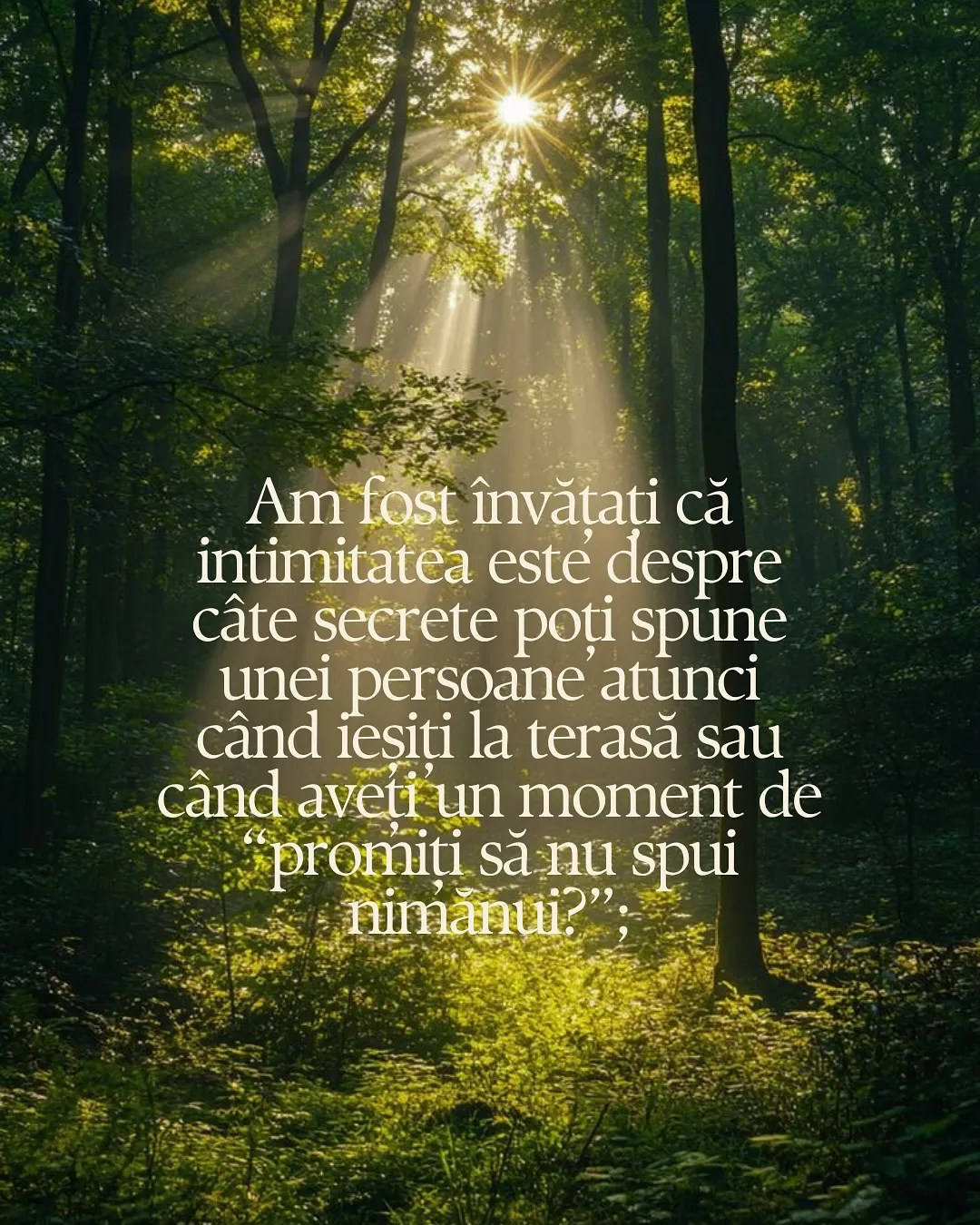 Fotografii cu pădure în lumina apusului și cu mâini care se ating, cu textul postării scris peste