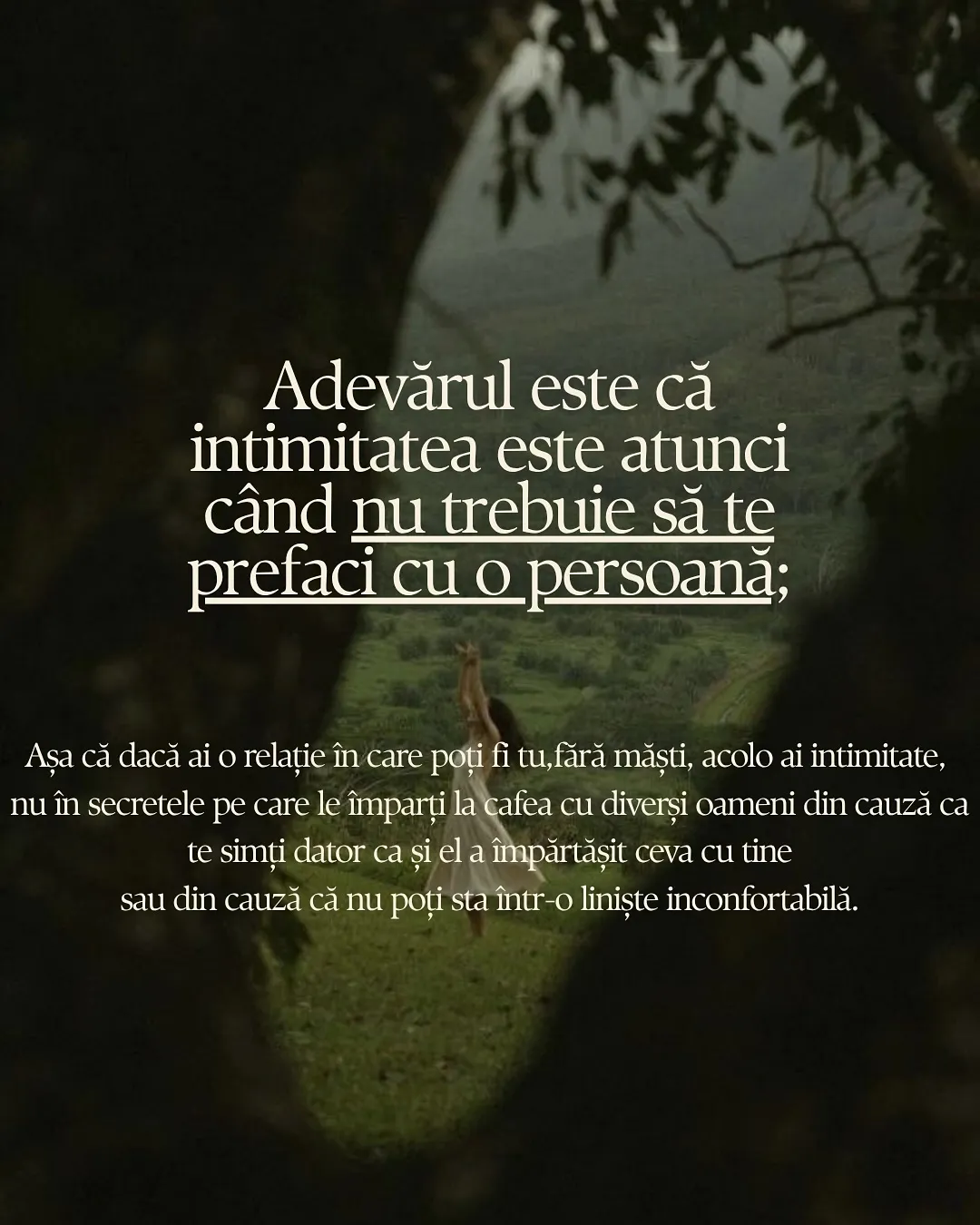 Fotografii cu pădure în lumina apusului și cu mâini care se ating, cu textul postării scris peste