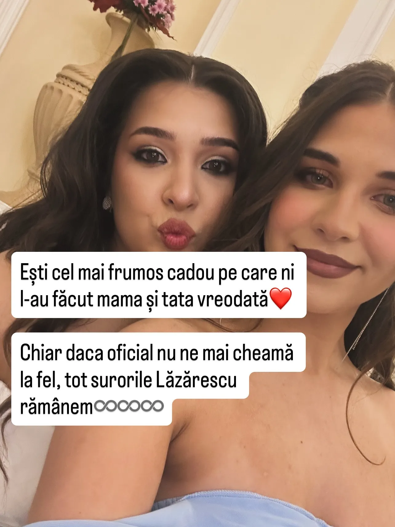 Fotografii cu Nora și sora ei, din copilărie până în ziua nunții, cu textul postării scris peste