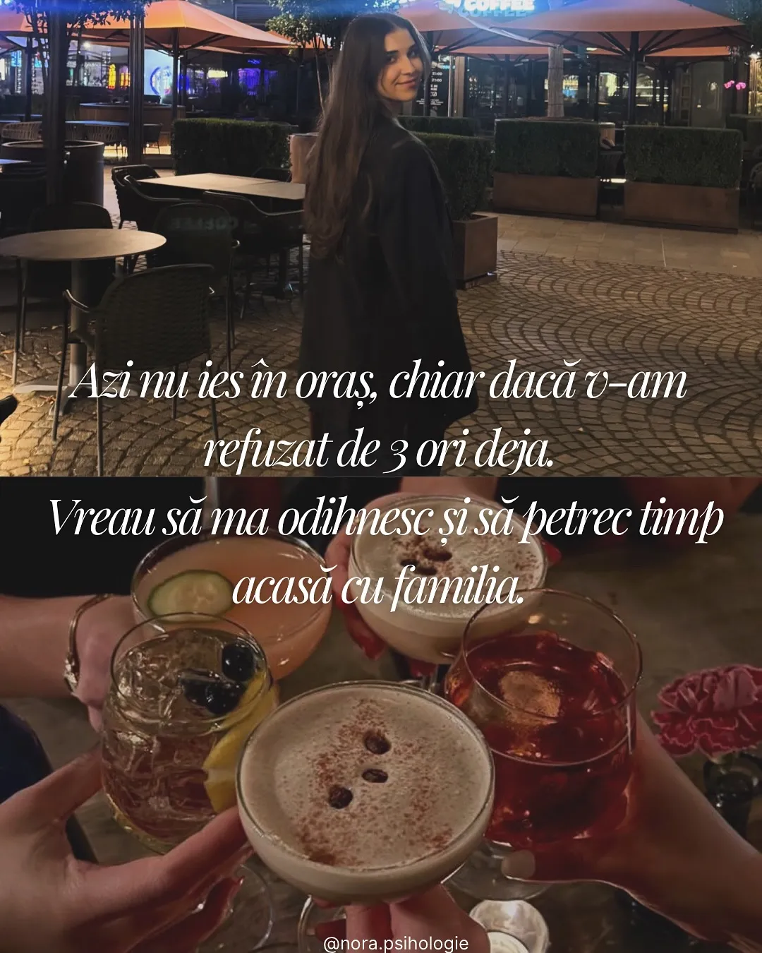 Colaj cu fotografii din oraș, cafea și cărți, cu textul postării scris peste