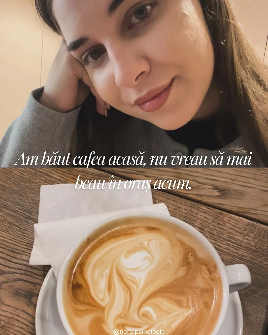 Colaj cu fotografii din oraș, cafea și cărți, cu textul postării scris peste