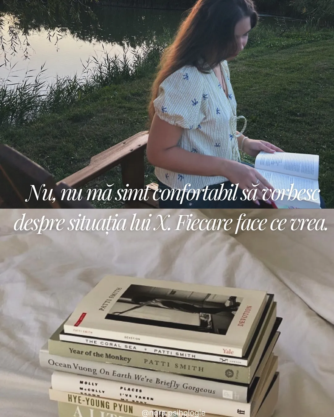 Colaj cu fotografii din oraș, cafea și cărți, cu textul postării scris peste