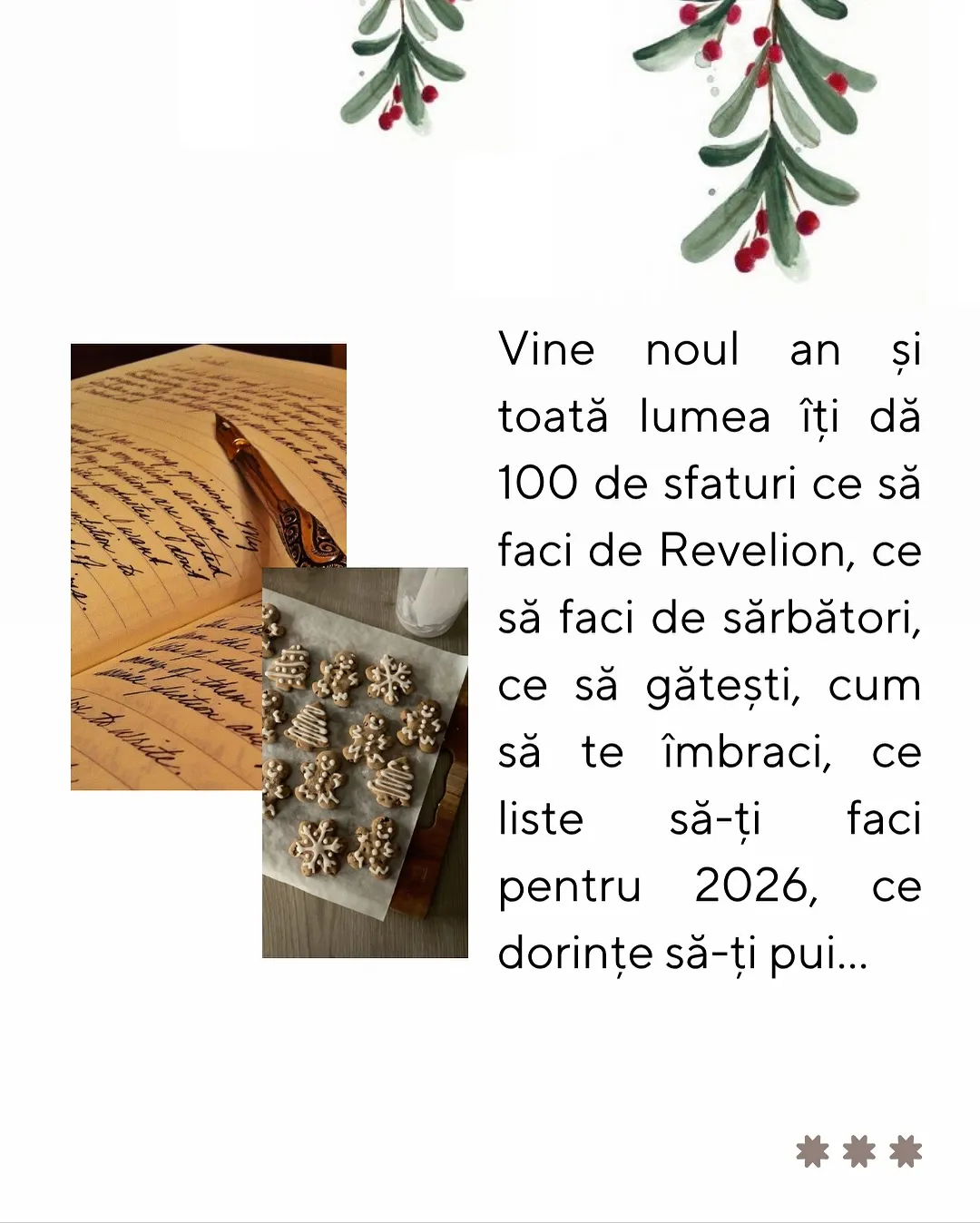 Colaj de iarnă cu vâsc, brad, prăjituri și lumini, cu textul postării scris peste