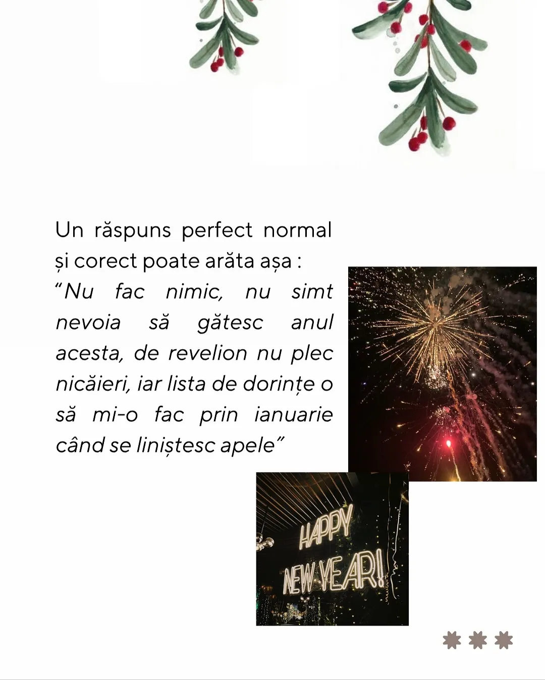 Colaj de iarnă cu vâsc, brad, prăjituri și lumini, cu textul postării scris peste