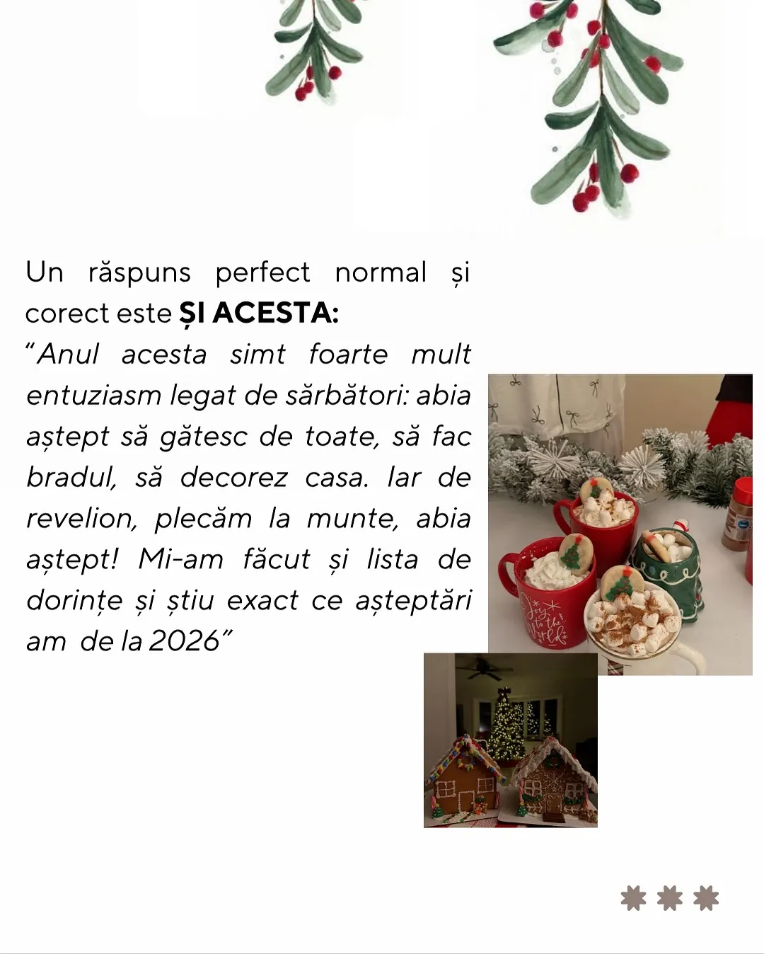 Colaj de iarnă cu vâsc, brad, prăjituri și lumini, cu textul postării scris peste