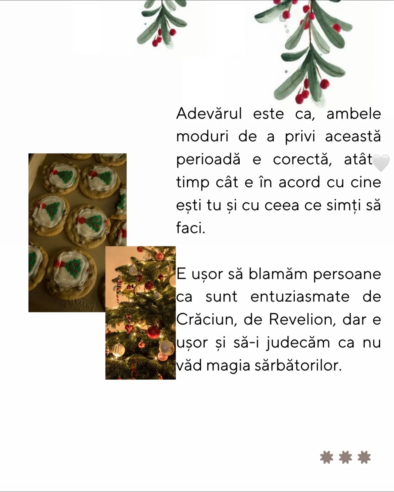 Colaj de iarnă cu vâsc, brad, prăjituri și lumini, cu textul postării scris peste