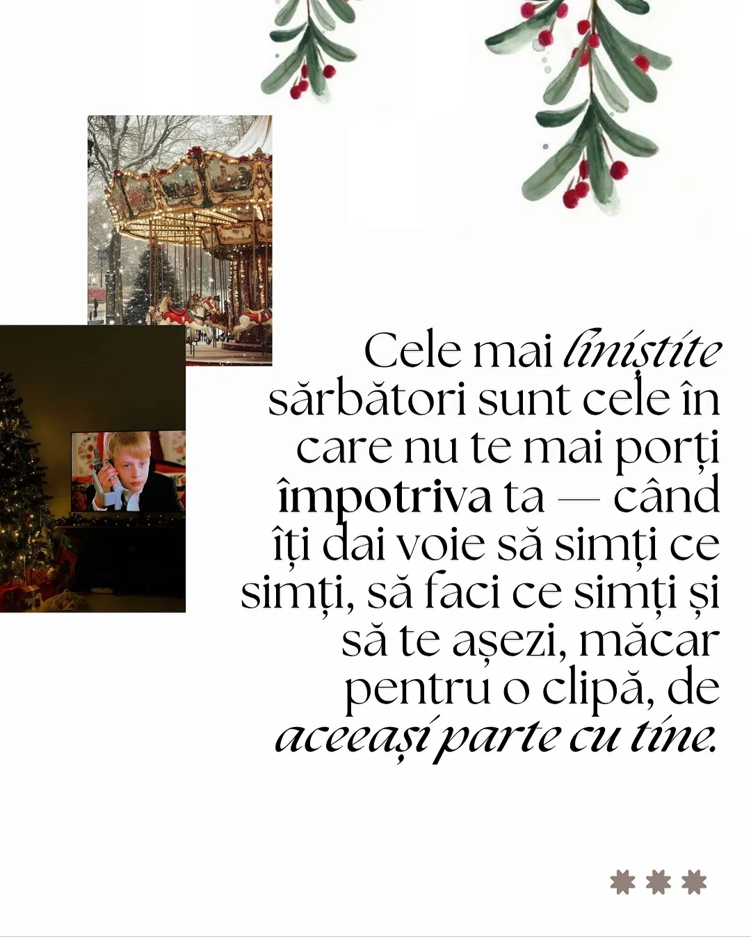 Colaj de iarnă cu vâsc, brad, prăjituri și lumini, cu textul postării scris peste