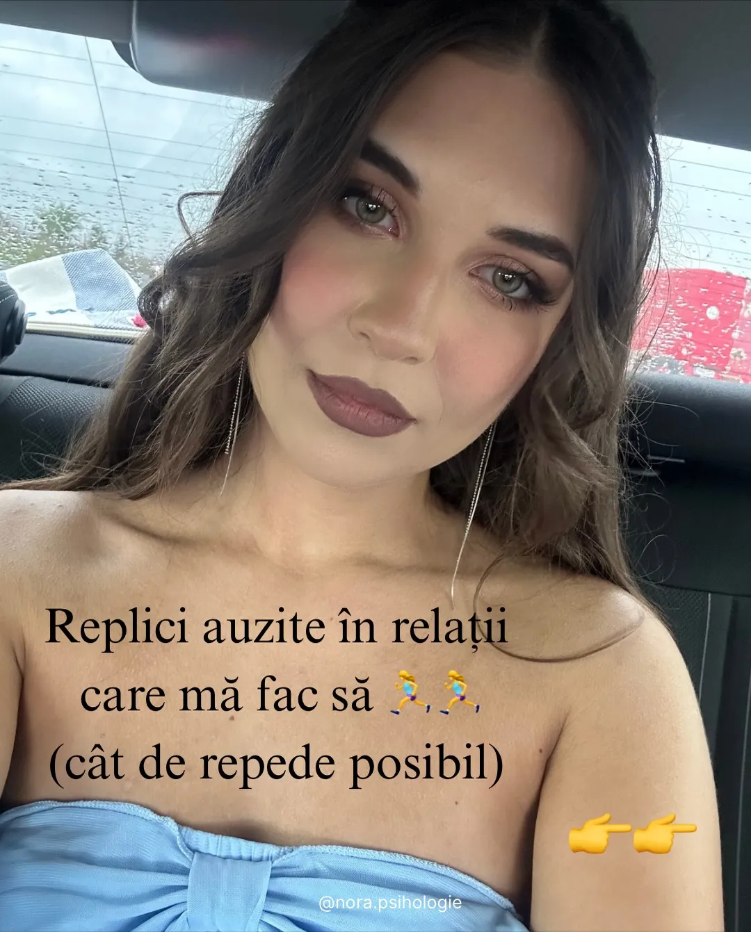 Fotografii cu cești de cafea și un selfie în mașină, cu replicile scrise peste imagini