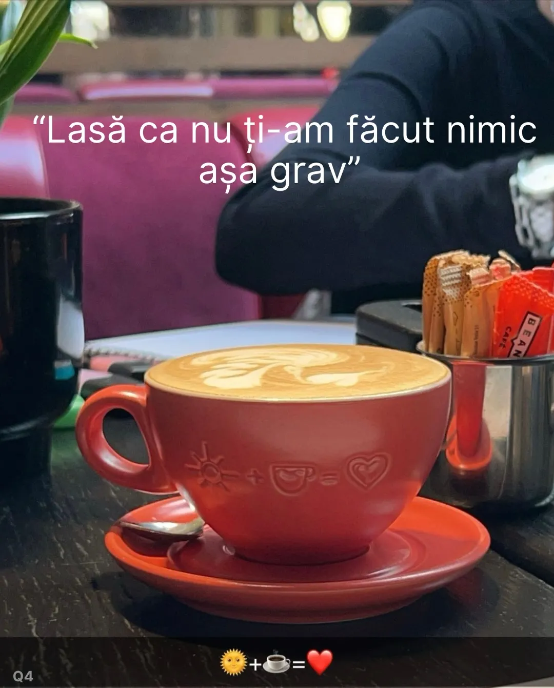 Fotografii cu cești de cafea și un selfie în mașină, cu replicile scrise peste imagini