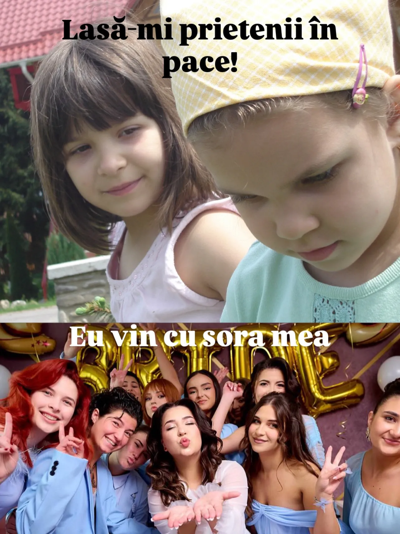 Fotografii cu Nora și sora ei, în copilărie și acum, cu replicile de atunci și de acum scrise peste