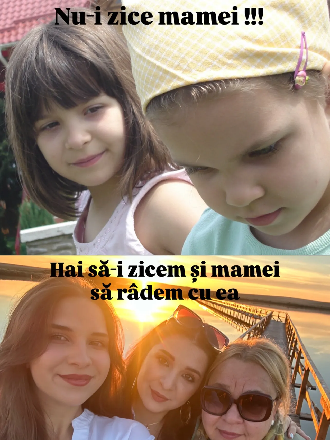 Fotografii cu Nora și sora ei, în copilărie și acum, cu replicile de atunci și de acum scrise peste