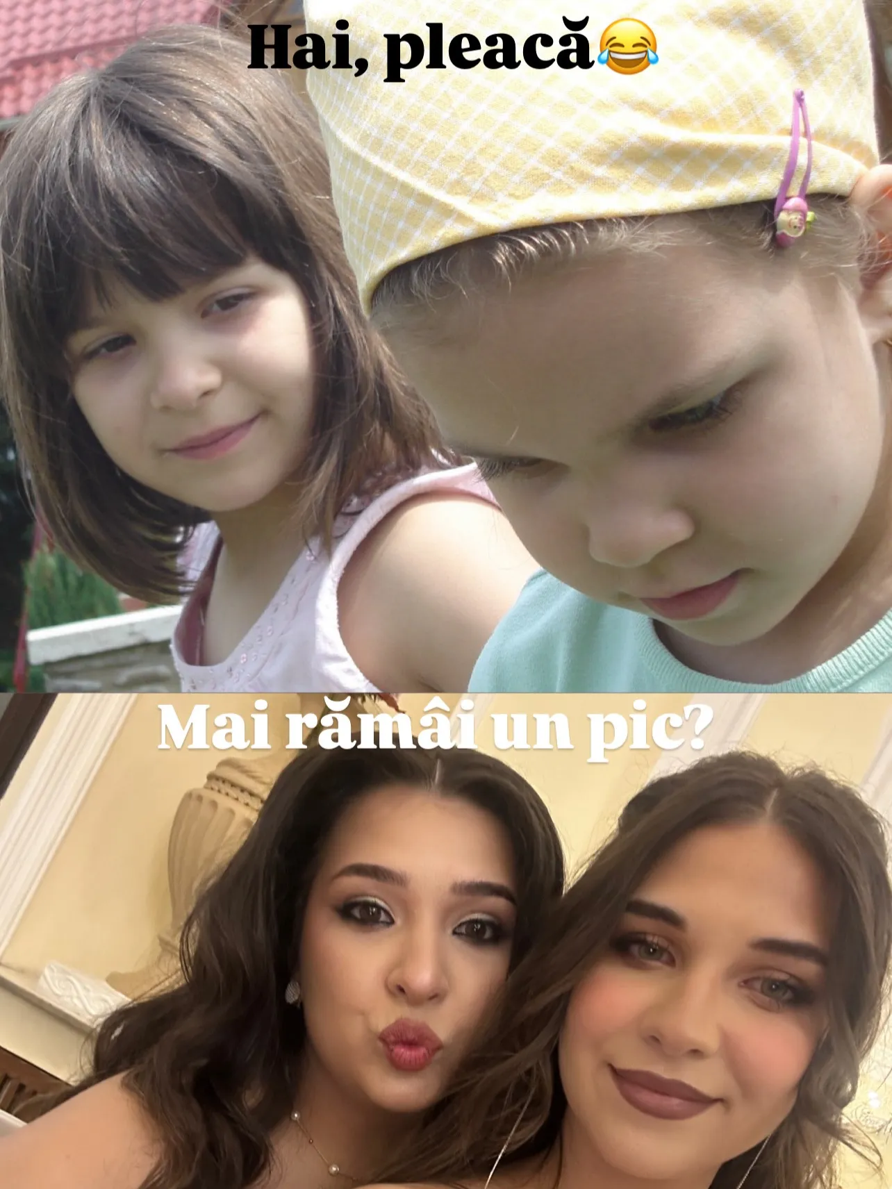 Fotografii cu Nora și sora ei, în copilărie și acum, cu replicile de atunci și de acum scrise peste