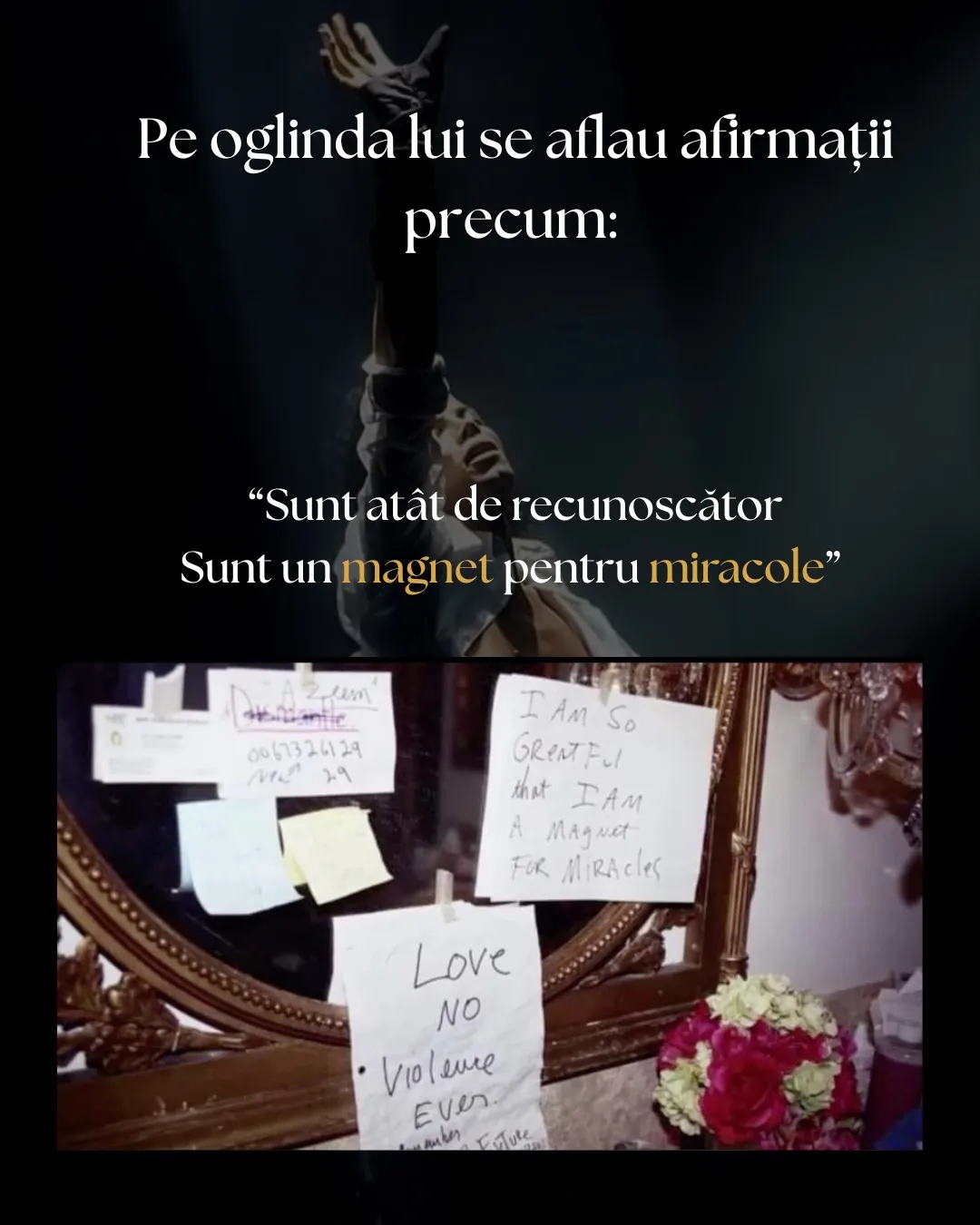 Fotografii cu Michael Jackson și cu notițele lui scrise de mână, cu textul postării scris peste
