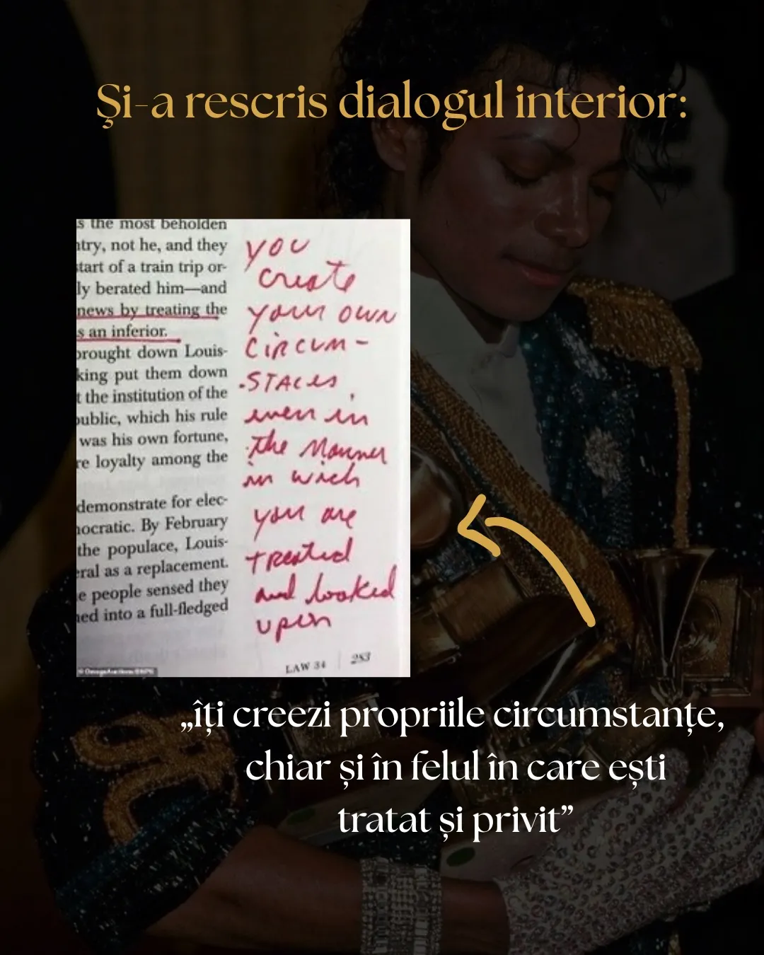 Fotografii cu Michael Jackson și cu notițele lui scrise de mână, cu textul postării scris peste
