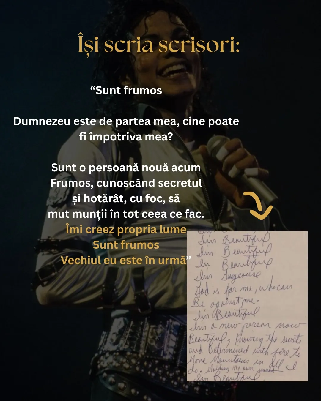 Fotografii cu Michael Jackson și cu notițele lui scrise de mână, cu textul postării scris peste