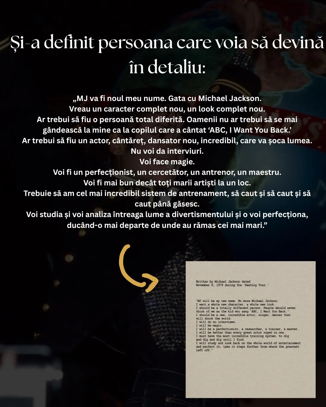 Fotografii cu Michael Jackson și cu notițele lui scrise de mână, cu textul postării scris peste