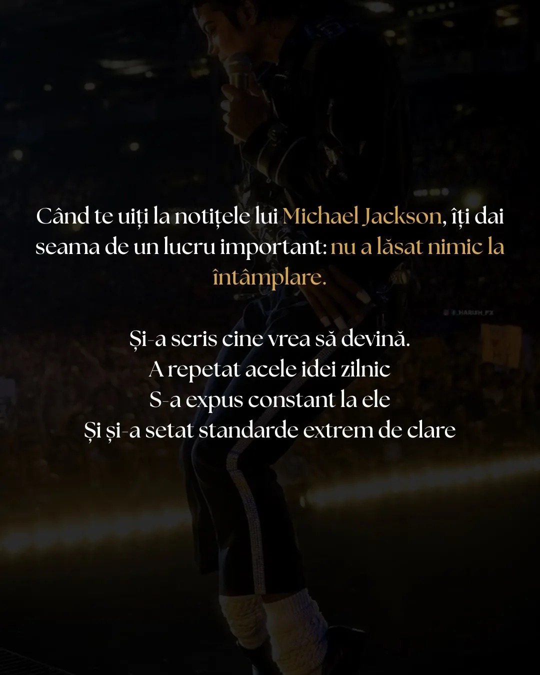 Fotografii cu Michael Jackson și cu notițele lui scrise de mână, cu textul postării scris peste