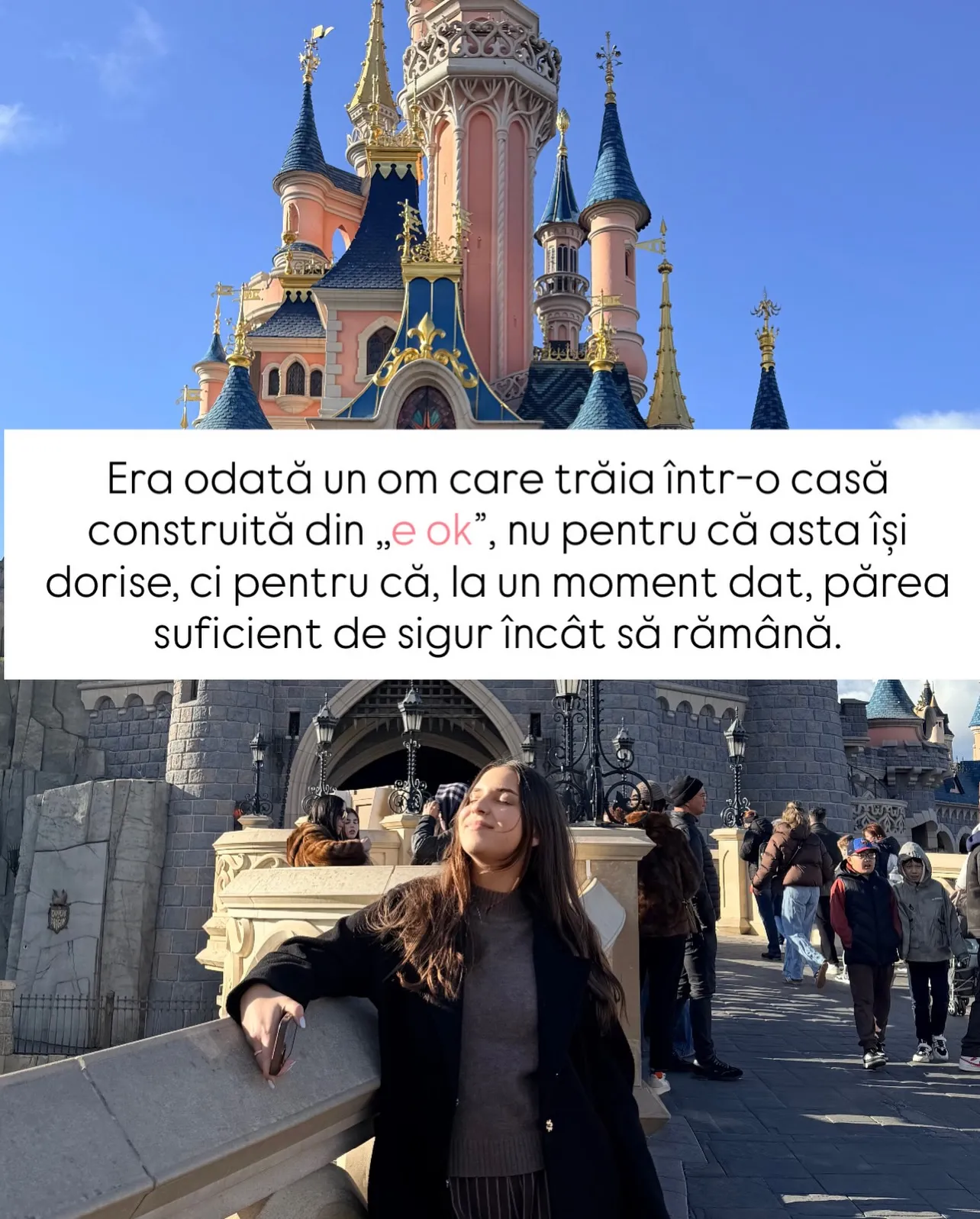Nora în fața castelului din Disneyland, cu textul poveștii scris peste fotografii