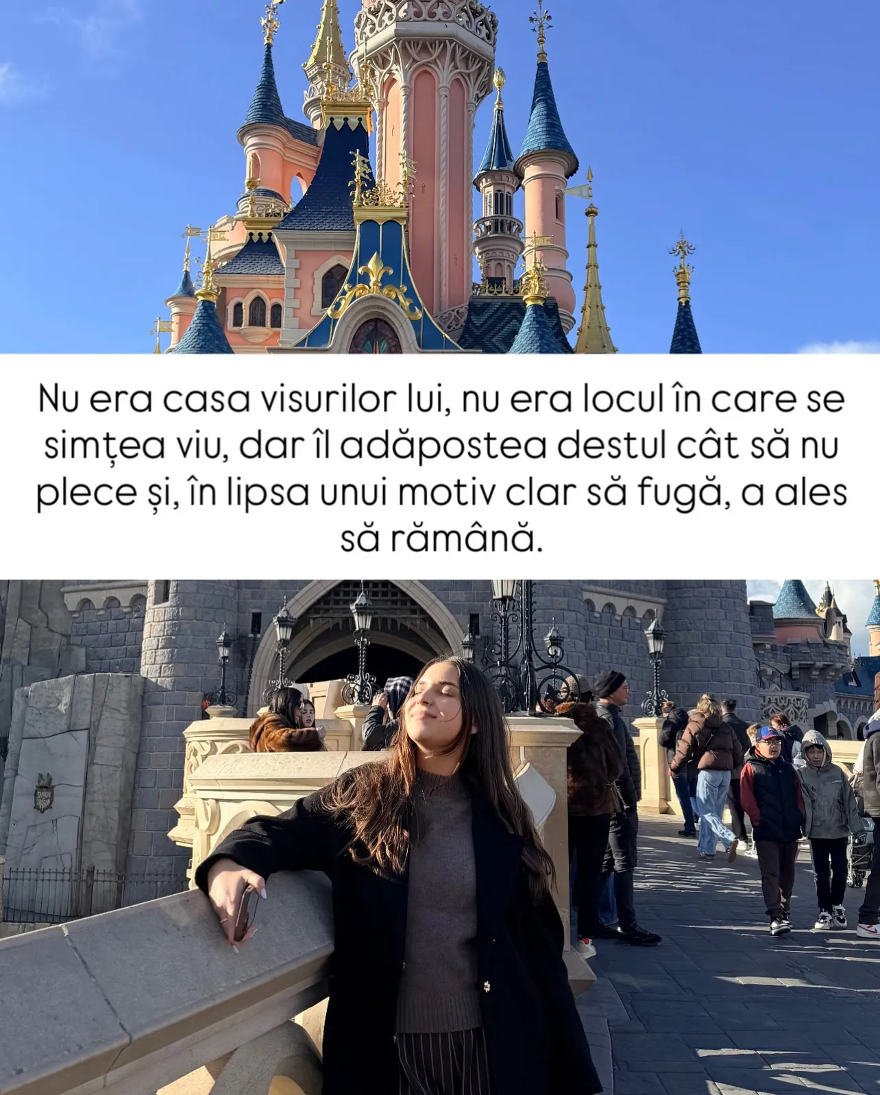 Nora în fața castelului din Disneyland, cu textul poveștii scris peste fotografii