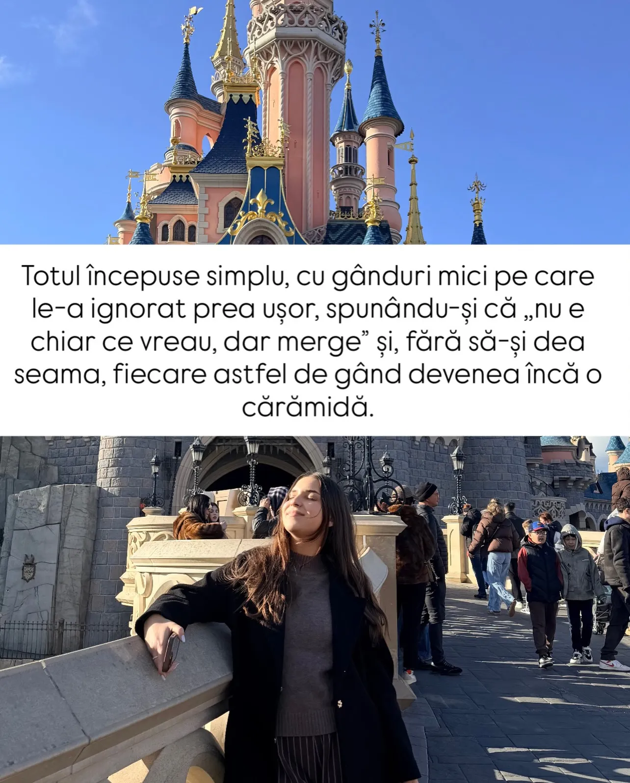 Nora în fața castelului din Disneyland, cu textul poveștii scris peste fotografii