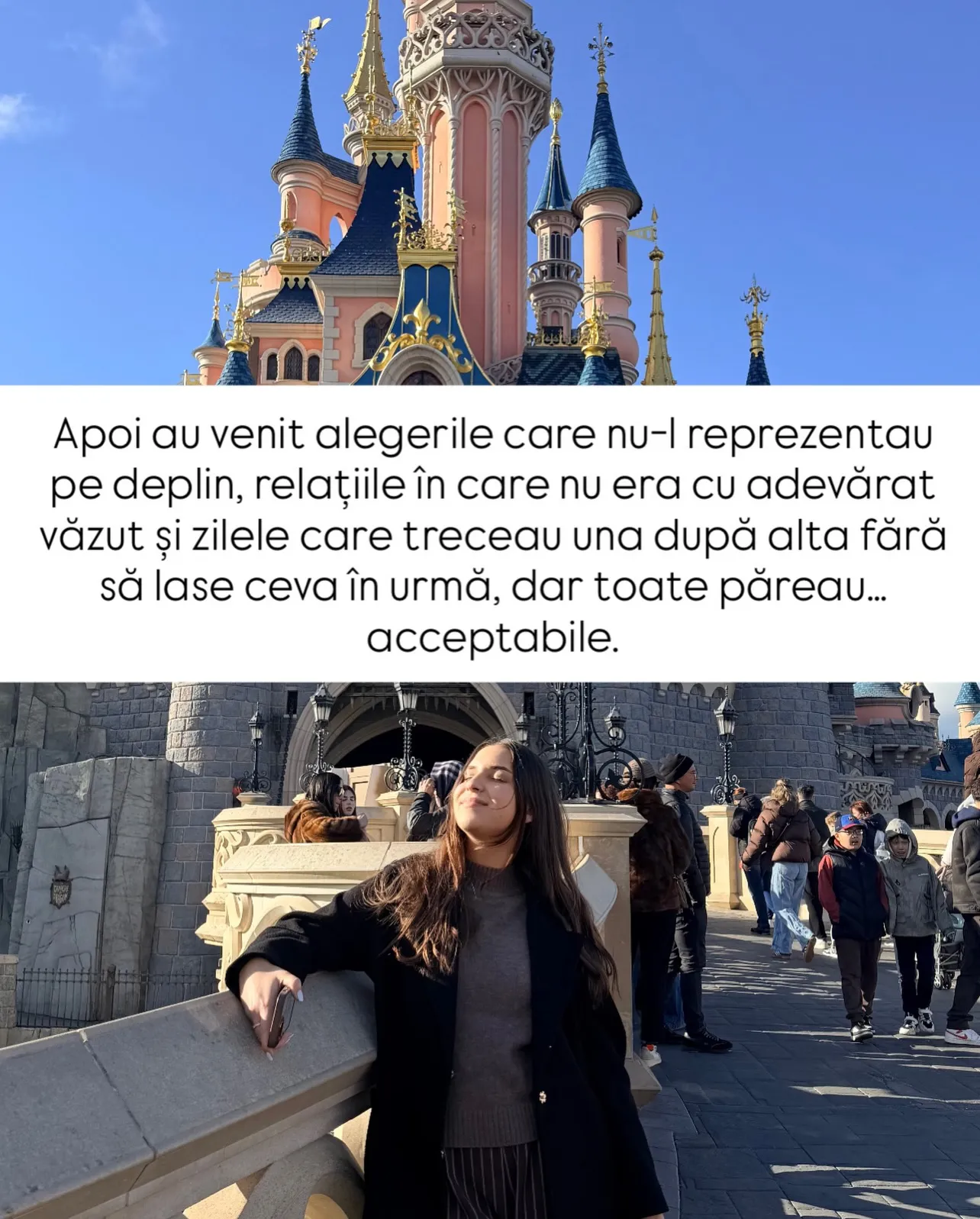 Nora în fața castelului din Disneyland, cu textul poveștii scris peste fotografii