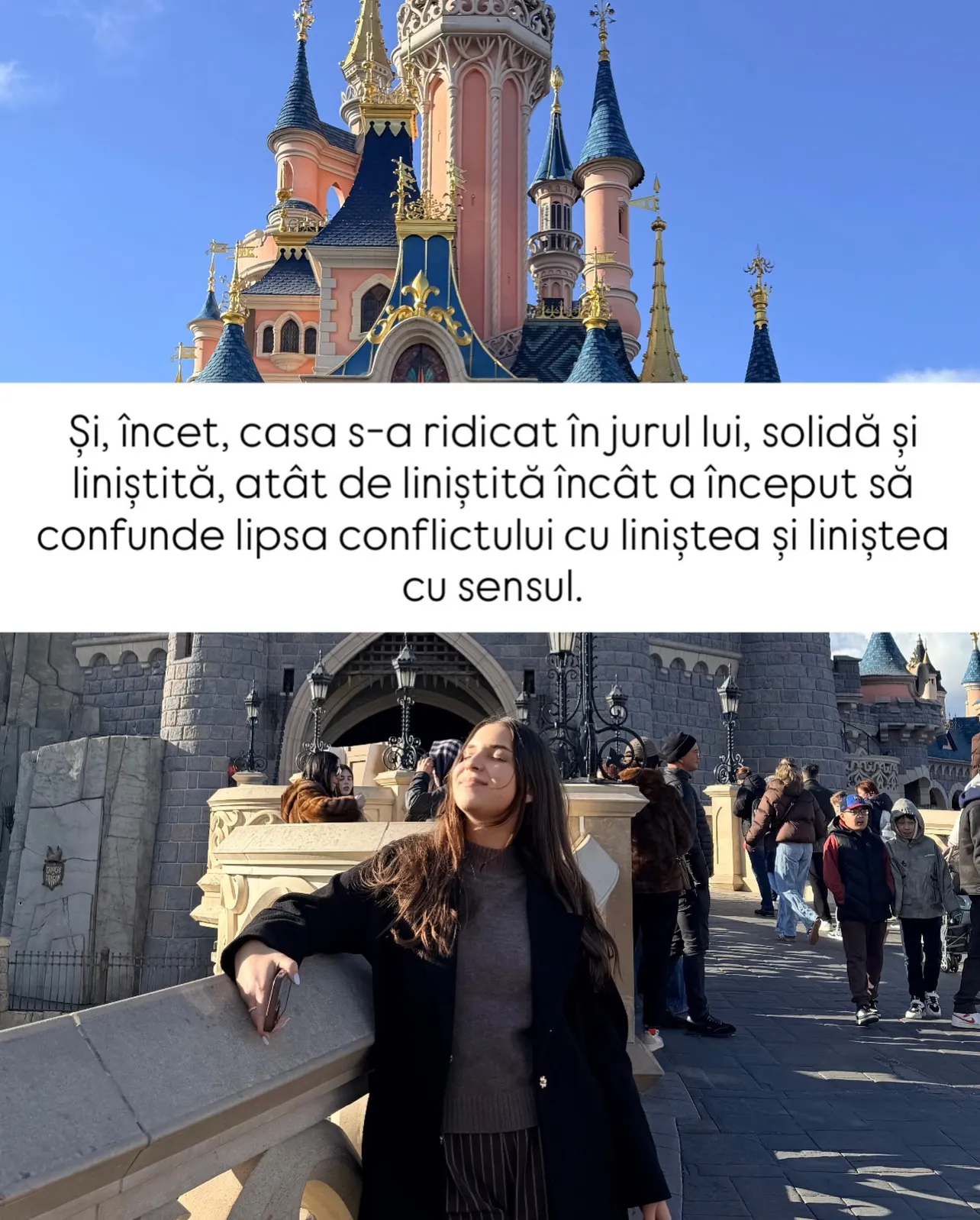 Nora în fața castelului din Disneyland, cu textul poveștii scris peste fotografii
