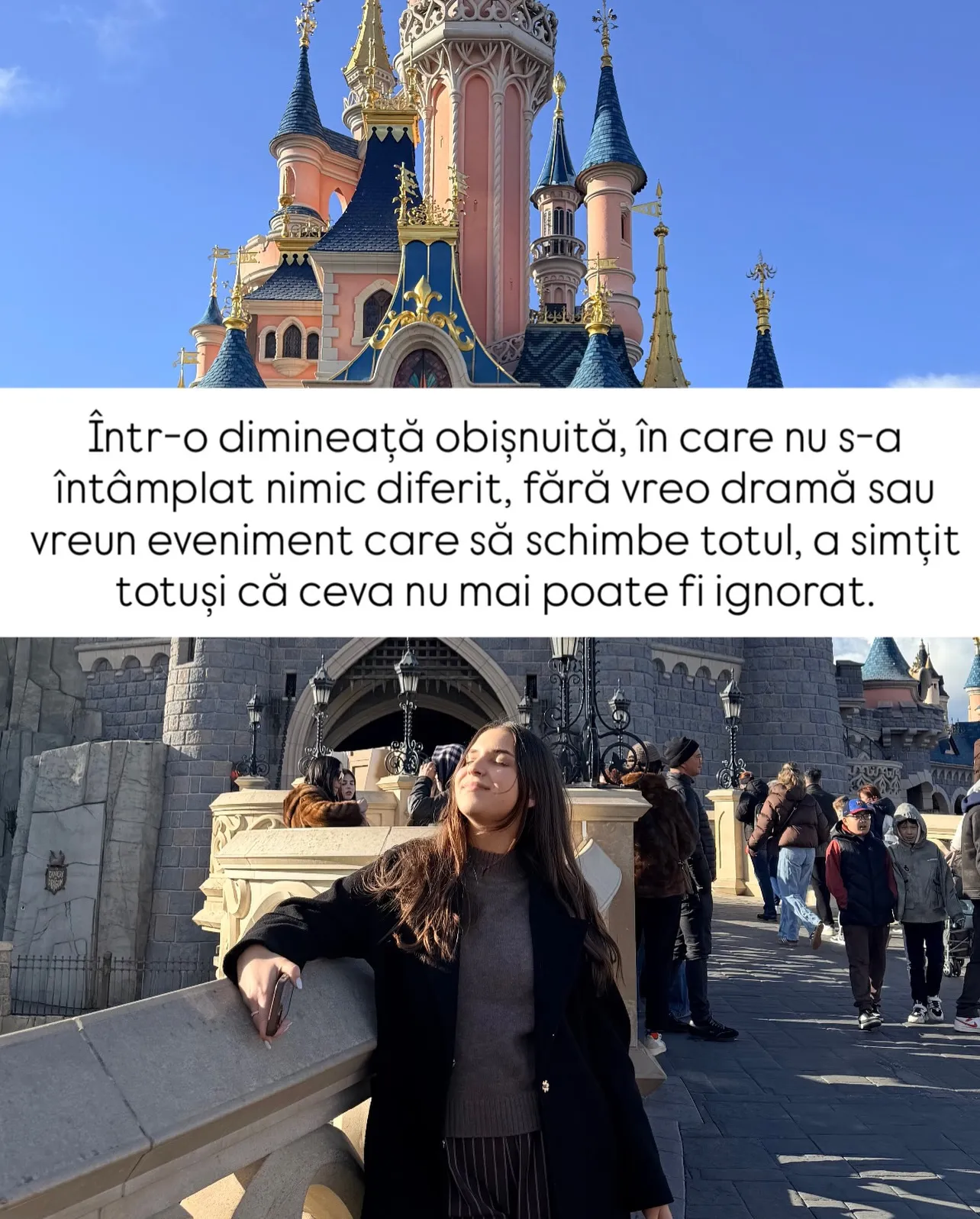 Nora în fața castelului din Disneyland, cu textul poveștii scris peste fotografii