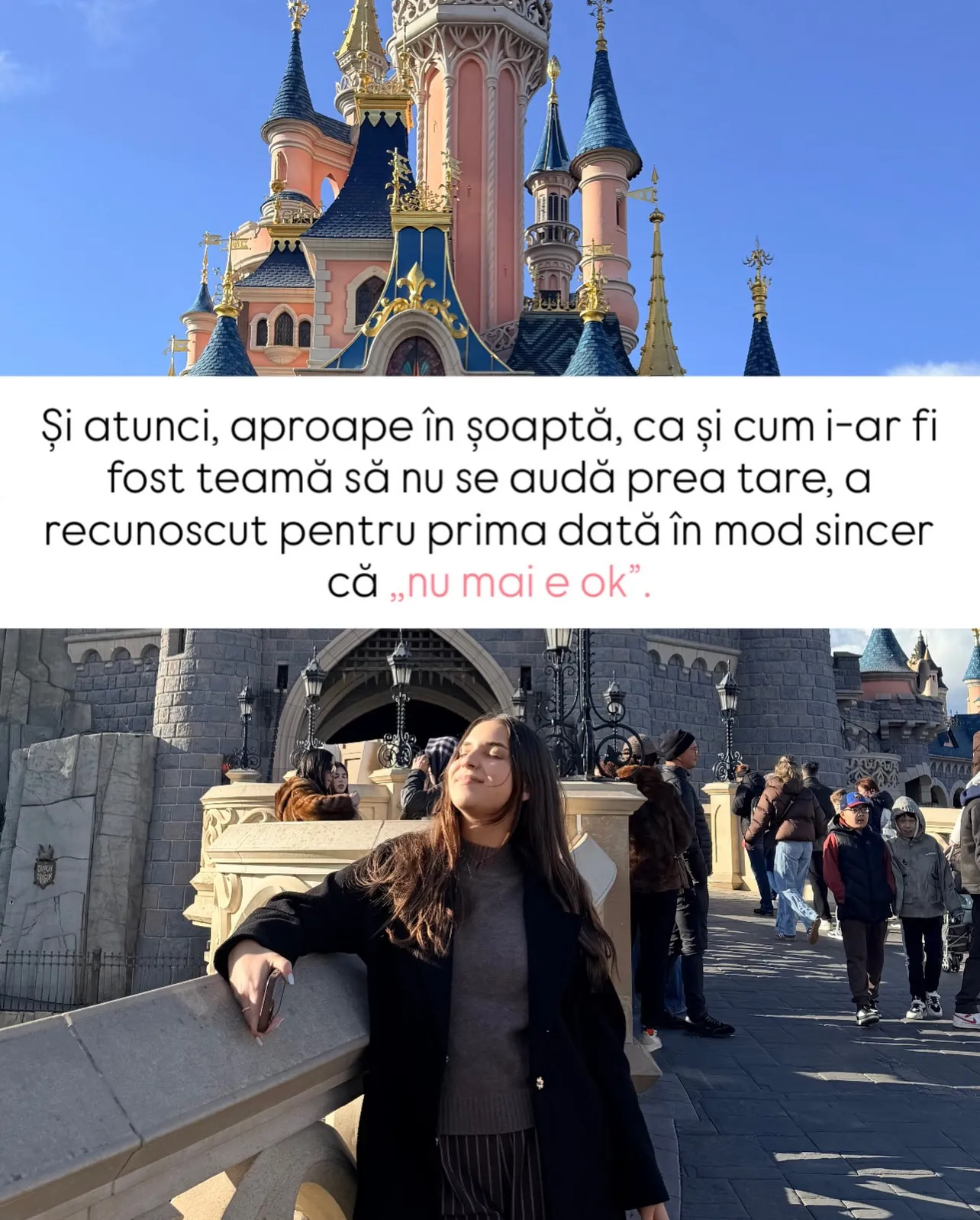 Nora în fața castelului din Disneyland, cu textul poveștii scris peste fotografii