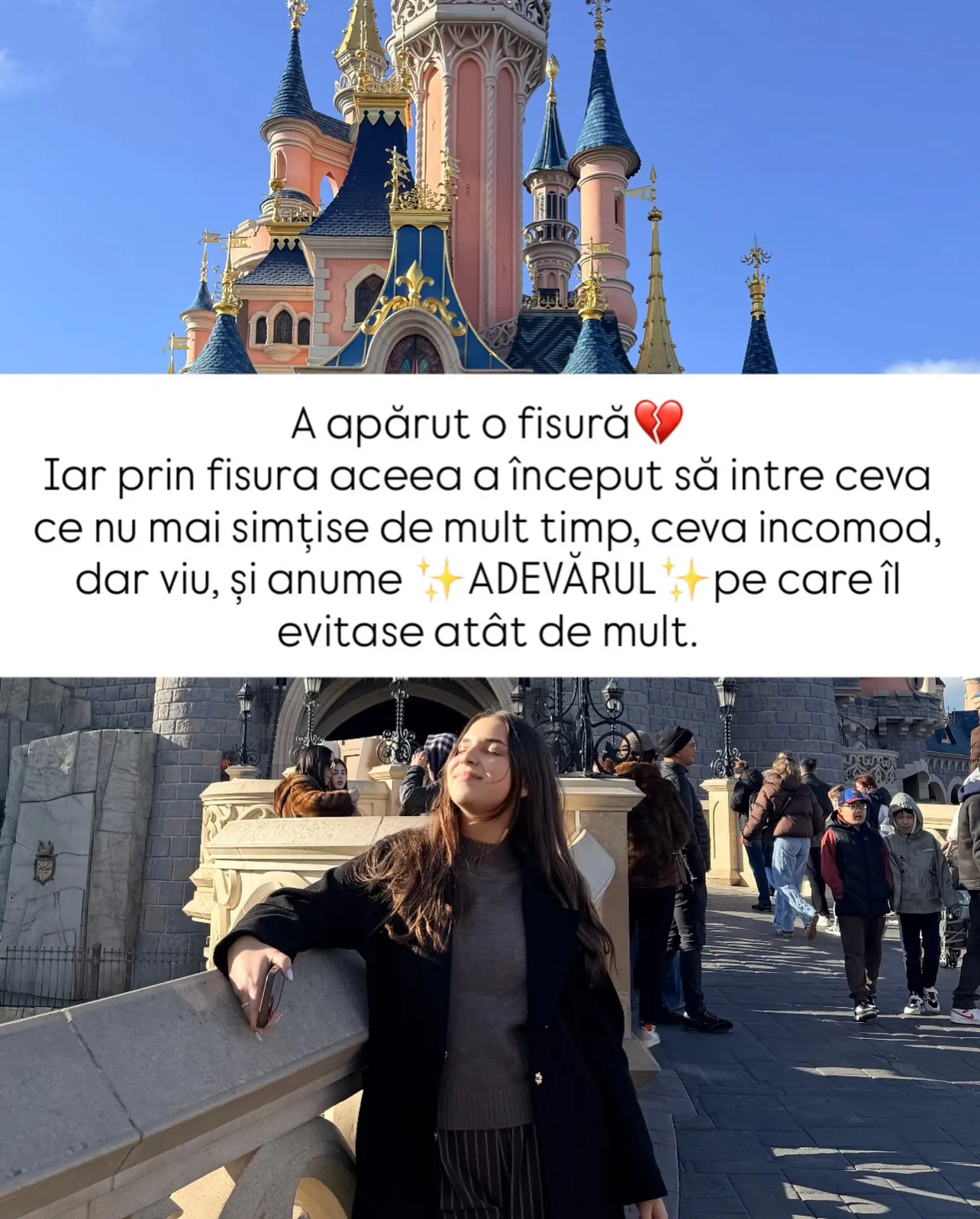 Nora în fața castelului din Disneyland, cu textul poveștii scris peste fotografii