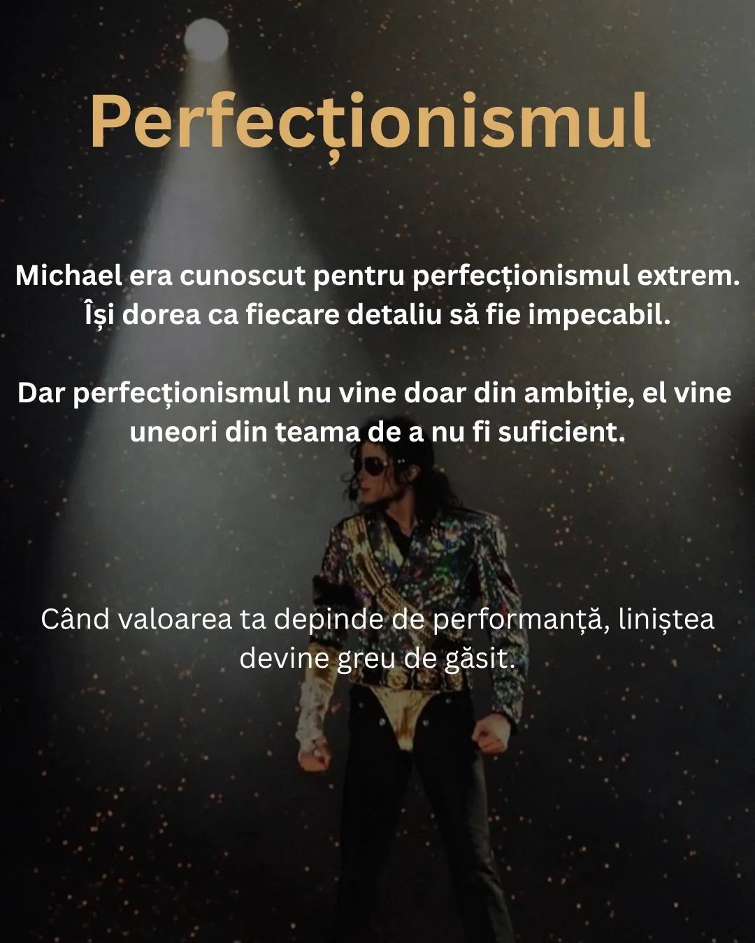 Fotografii cu Michael Jackson pe scenă și în culise, cu textul postării scris peste