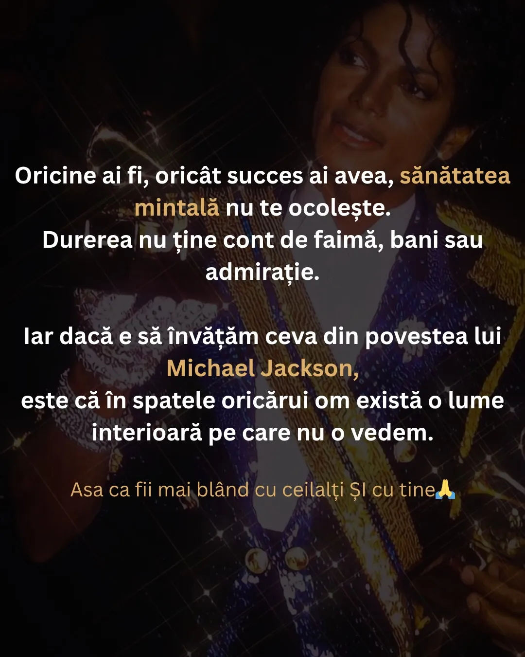 Fotografii cu Michael Jackson pe scenă și în culise, cu textul postării scris peste