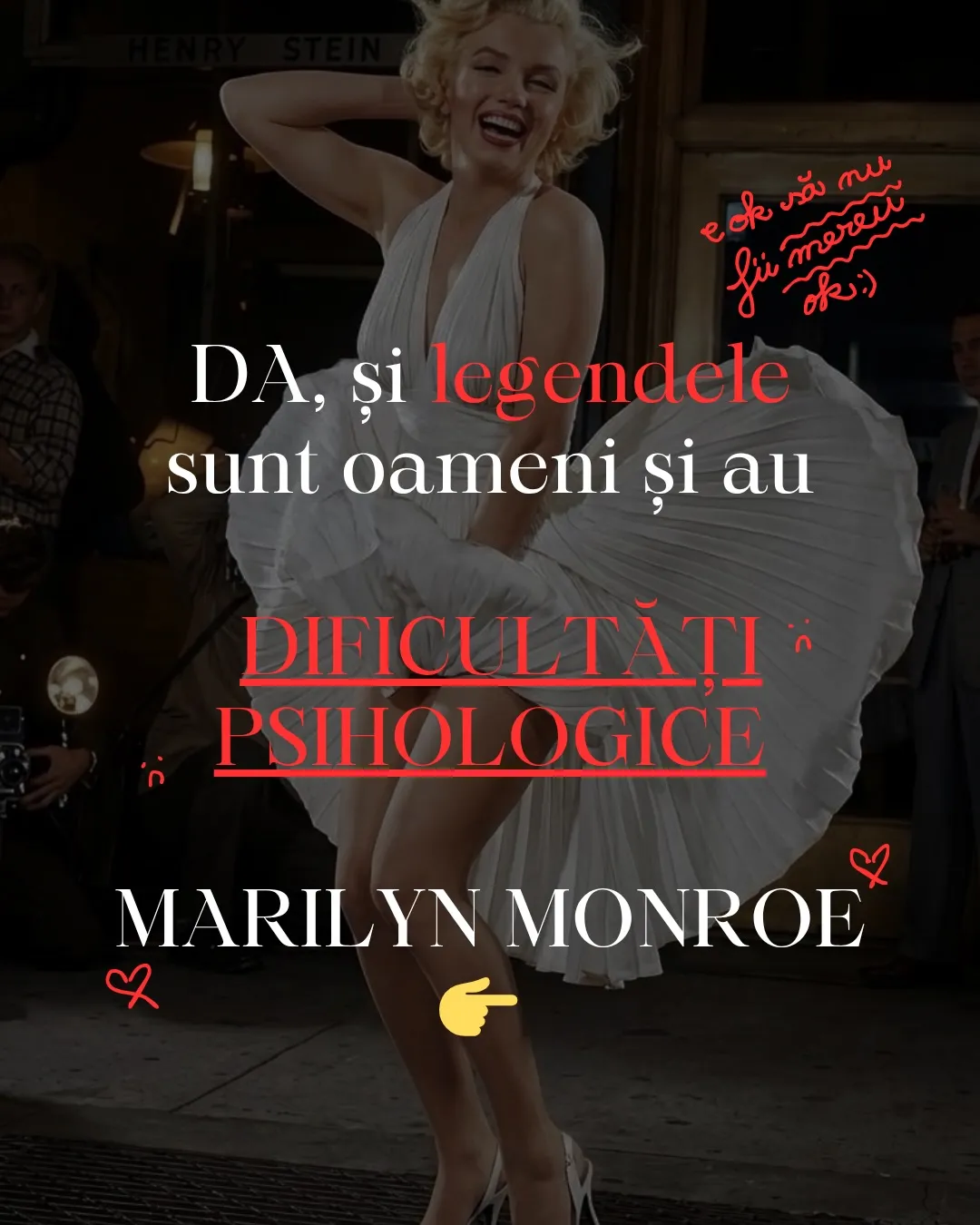 Fotografii alb-negru cu Marilyn Monroe, cu textul postării scris peste