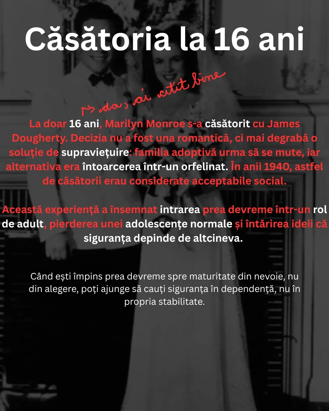 Fotografii alb-negru cu Marilyn Monroe, cu textul postării scris peste