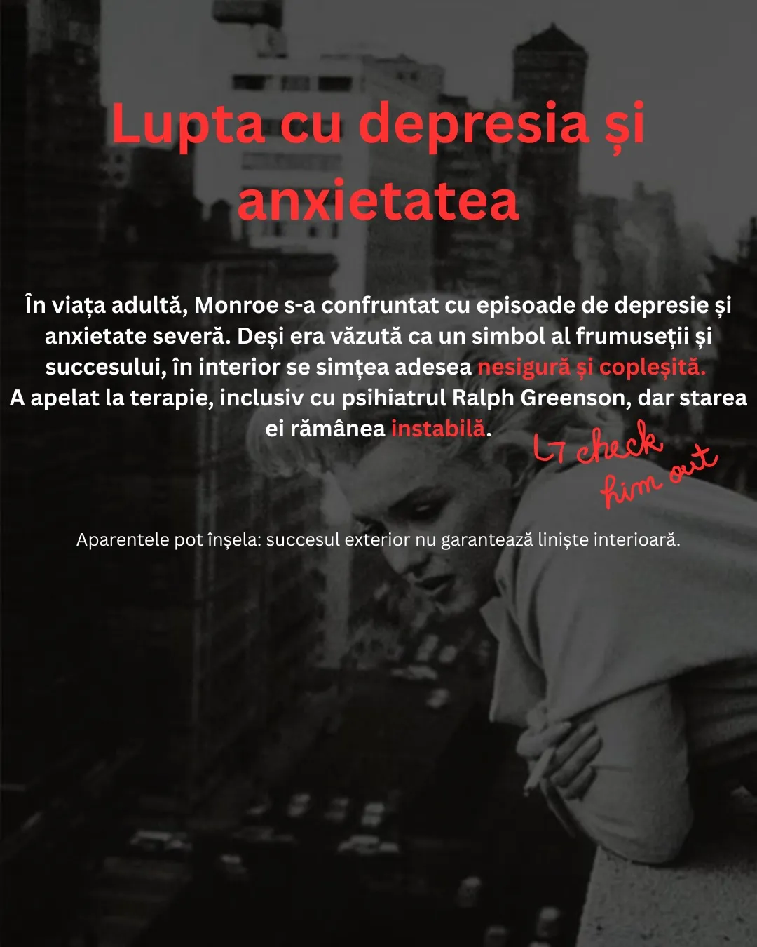 Fotografii alb-negru cu Marilyn Monroe, cu textul postării scris peste