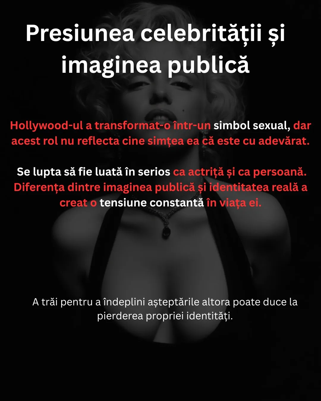 Fotografii alb-negru cu Marilyn Monroe, cu textul postării scris peste