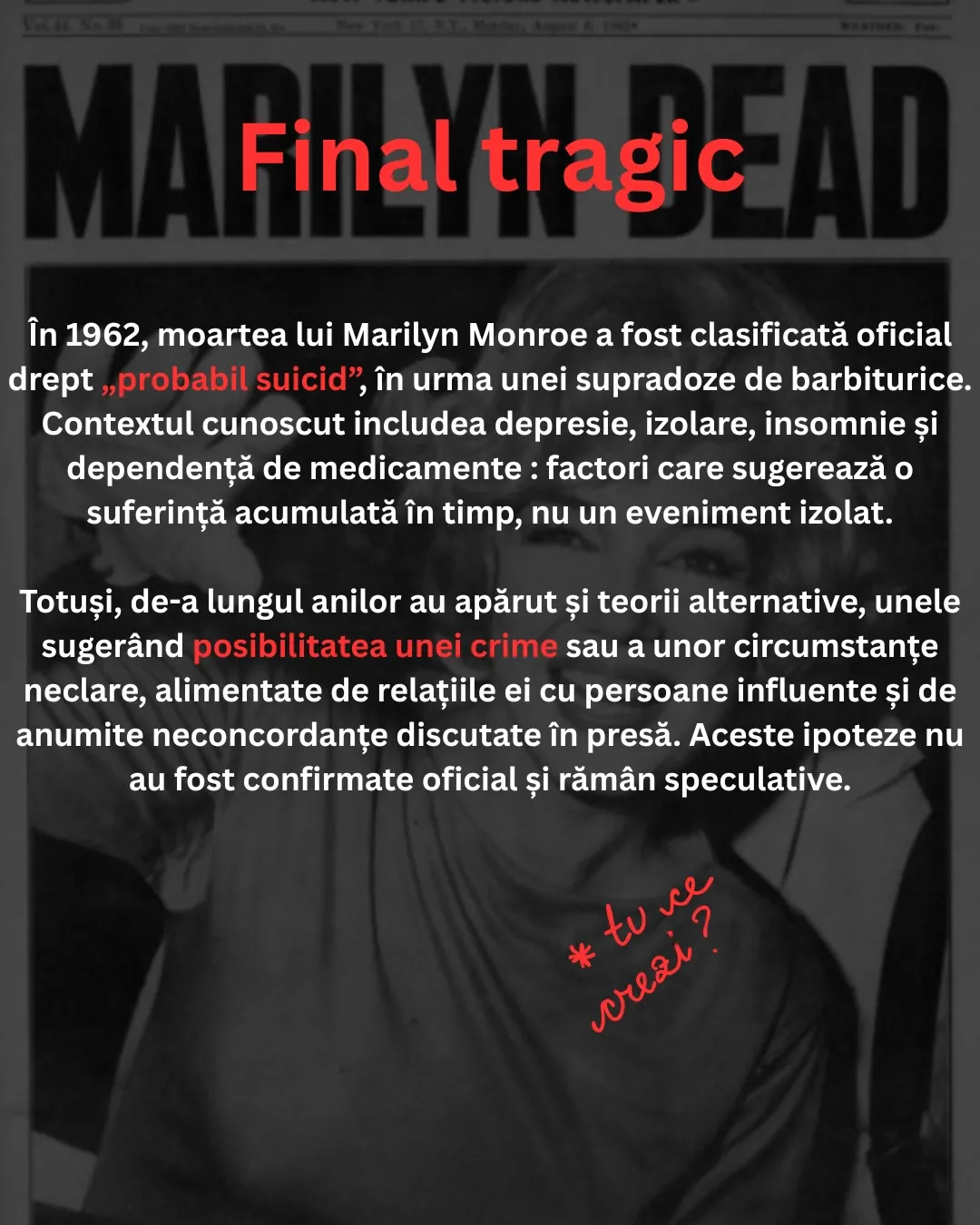 Fotografii alb-negru cu Marilyn Monroe, cu textul postării scris peste