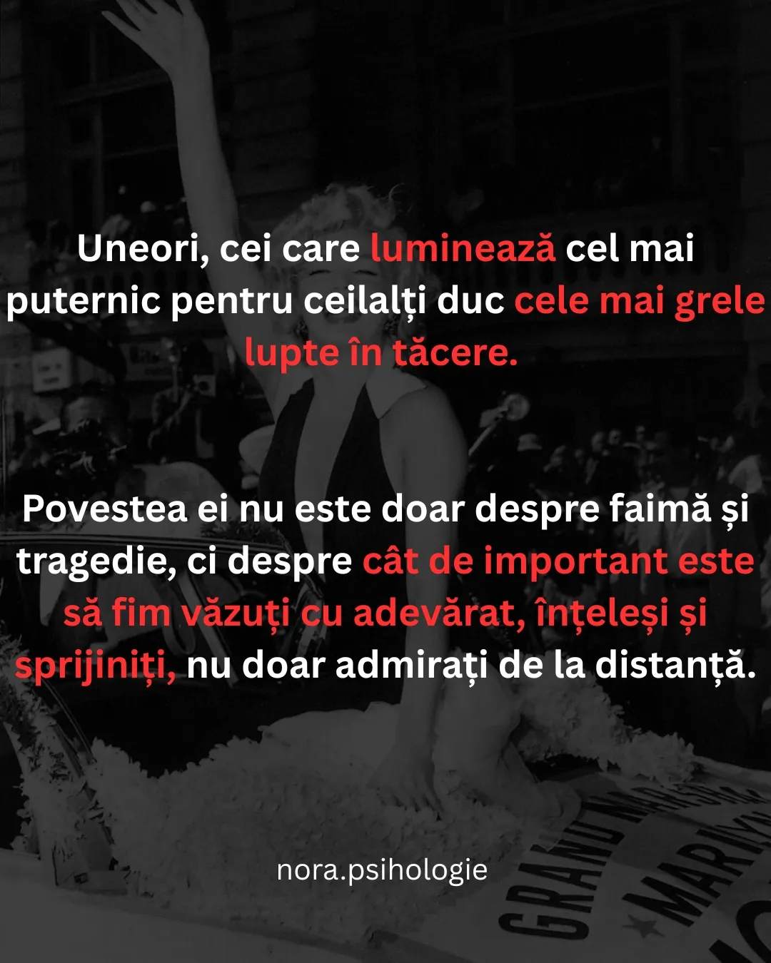 Fotografii alb-negru cu Marilyn Monroe, cu textul postării scris peste