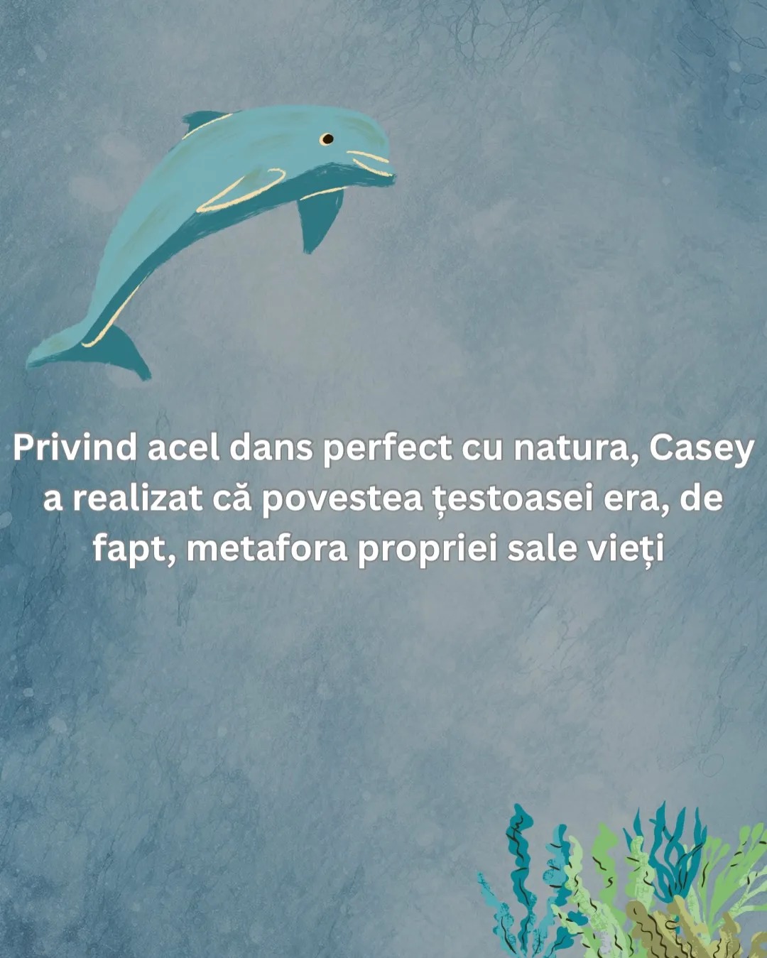Ilustrație cu o țestoasă marină care înoată într-o apă albastră, cu textul postării scris peste